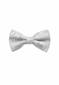 Silver paisley-patterned bow tie made of silk-like material with a textured finish and a central knot detail.