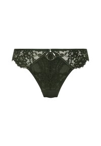 Donkergroene kanten bikini ondergoed met bloemenpatronen en een klein sleutelhole-detail in het midden van de tailleband.