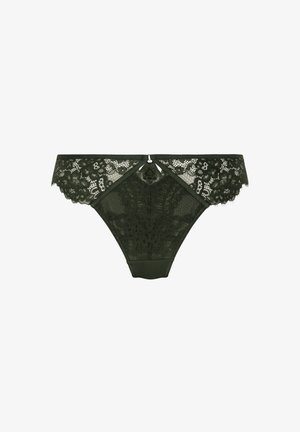 Dark green lace bikini underwear with floral patterns and a small keyhole detail at the waistband center.