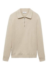 Beige strikpullover med kvart-zip krave, lange ærmer og ribbede manchetter. Har en struktureret overflade med en afslappet pasform.