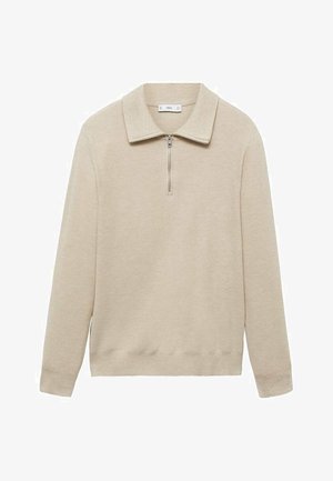 Bežový pletený pulóver s golierom na štvrťzips, dlhými rukávmi a rebrovanými manžetami. Má štruktúrovaný povrch a voľný strih.