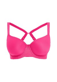 Soutien-gorge rembourré fuchsia avec une finition lisse, doté de bretelles croisées et d'un élégant bord festonné le long des bords. Fermeture à l'avant avec matériel.