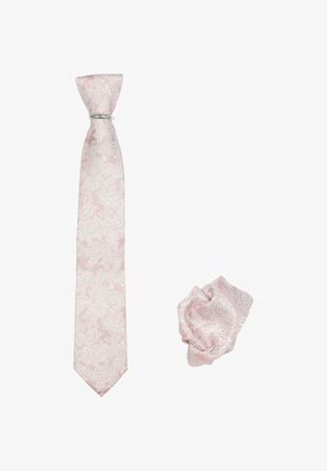 Rosa Paisleymuster-Krawatte mit glatter Textur, kombiniert mit einem passenden Scrunchie. Beide weisen auf einem hellrosa Hintergrund detaillierte weiße Muster auf.