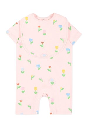 Różowy kombinezon dla niemowląt z krótkimi rękawami, zatrzaskami w kroku i wielokolorowym wzorem uśmiechniętego kwiatu tulipana.