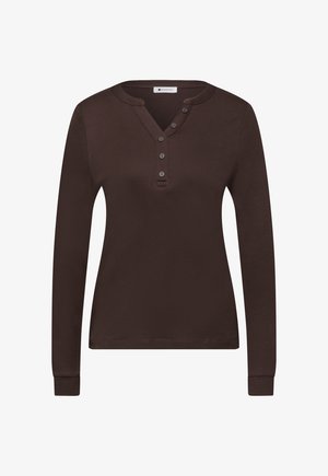 Dunkelbraunes Henley-Hemd mit langen Ärmeln, vier Knöpfen und rundem Ausschnitt mit kleinem V-Schlitz vorne.