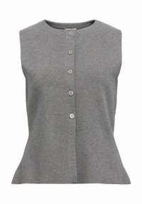 Haut sans manches gris en tissu tricoté doux, doté d'un col rond et d'un devant boutonné avec cinq boutons assortis.