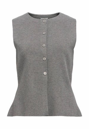 Haut sans manches gris en tissu tricoté doux, doté d'un col rond et d'un devant boutonné avec cinq boutons assortis.