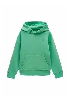 Miętowa bluza z kapturem z kieszenią kangurką z przodu, ściągaczami na mankietach i dole oraz subtelnym haftowanym logo na piersi.