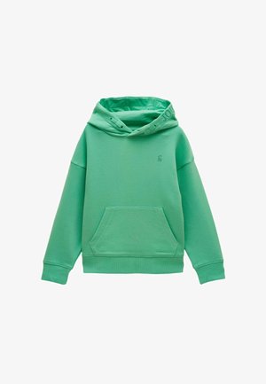 Minzgrüner Kapuzenpullover mit Kängurutasche vorne, gerippten Bündchen und Saum sowie dezentem, gesticktem Logo auf der Brust.