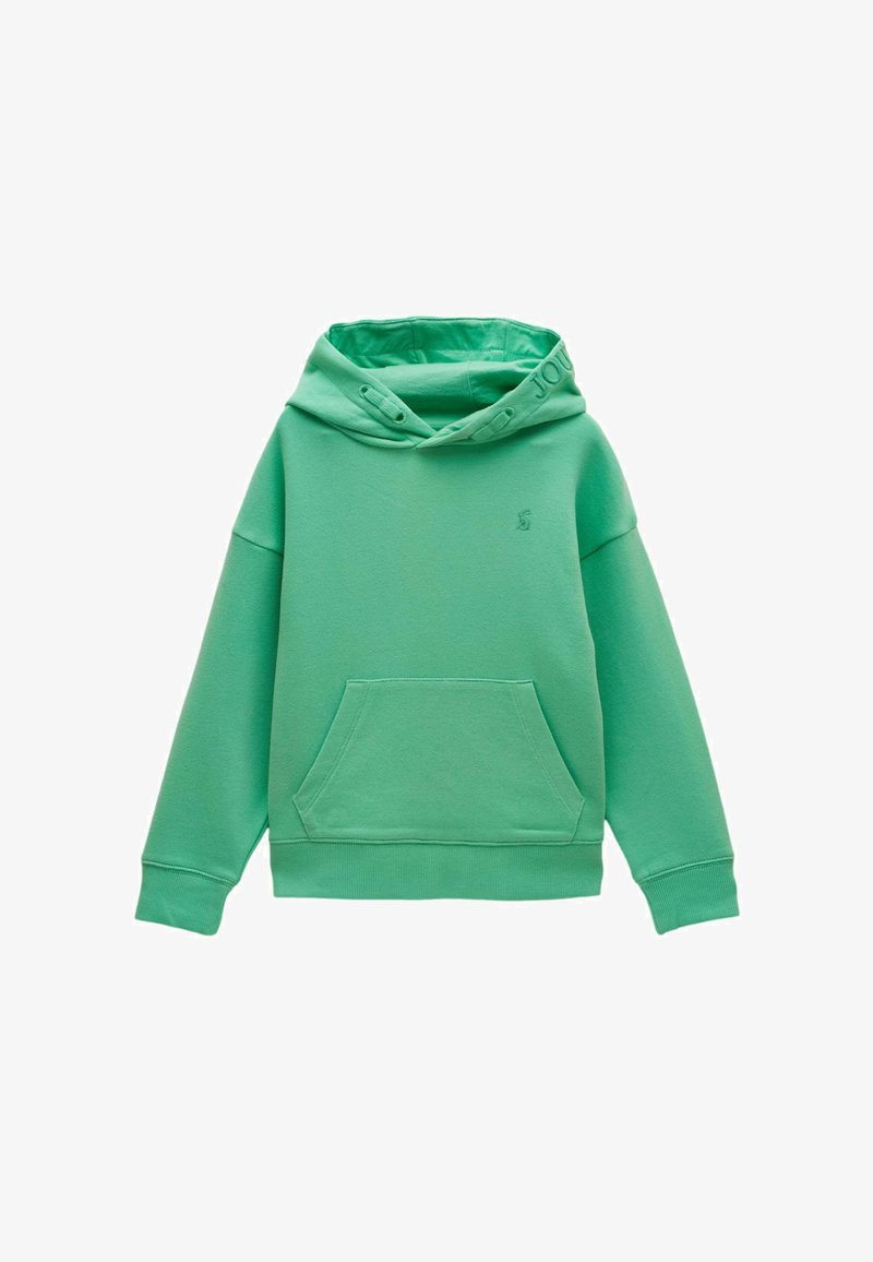 Sweat à capuche vert menthe avec poche kangourou avant, poignets et ourlet côtelés, et logo brodé subtil sur la poitrine.