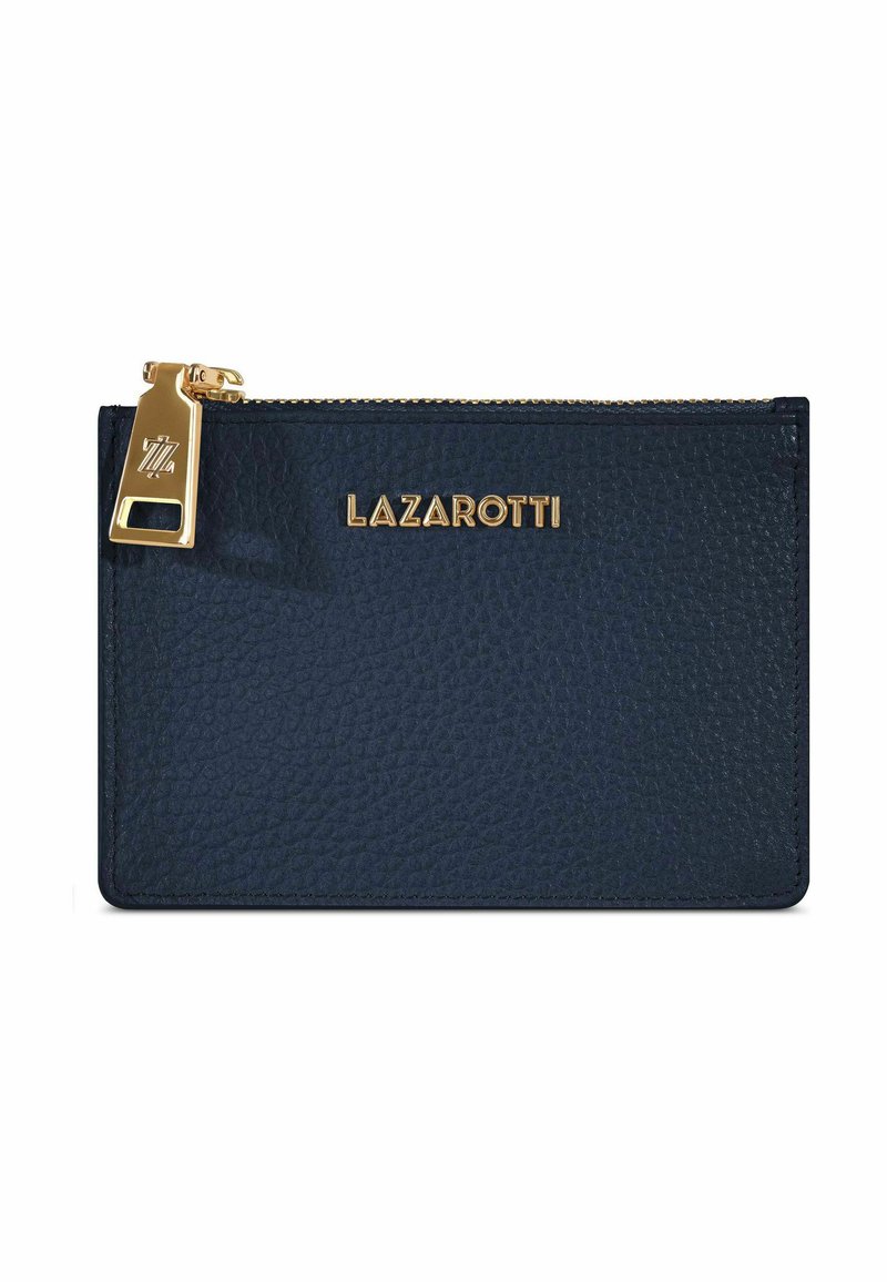 Portafoglio in pelle blu navy con finitura testurizzata, hardware della cerniera in oro e logo "LAZAROTTI" in rilievo sulla parte anteriore. Forma slim e rettangolare.