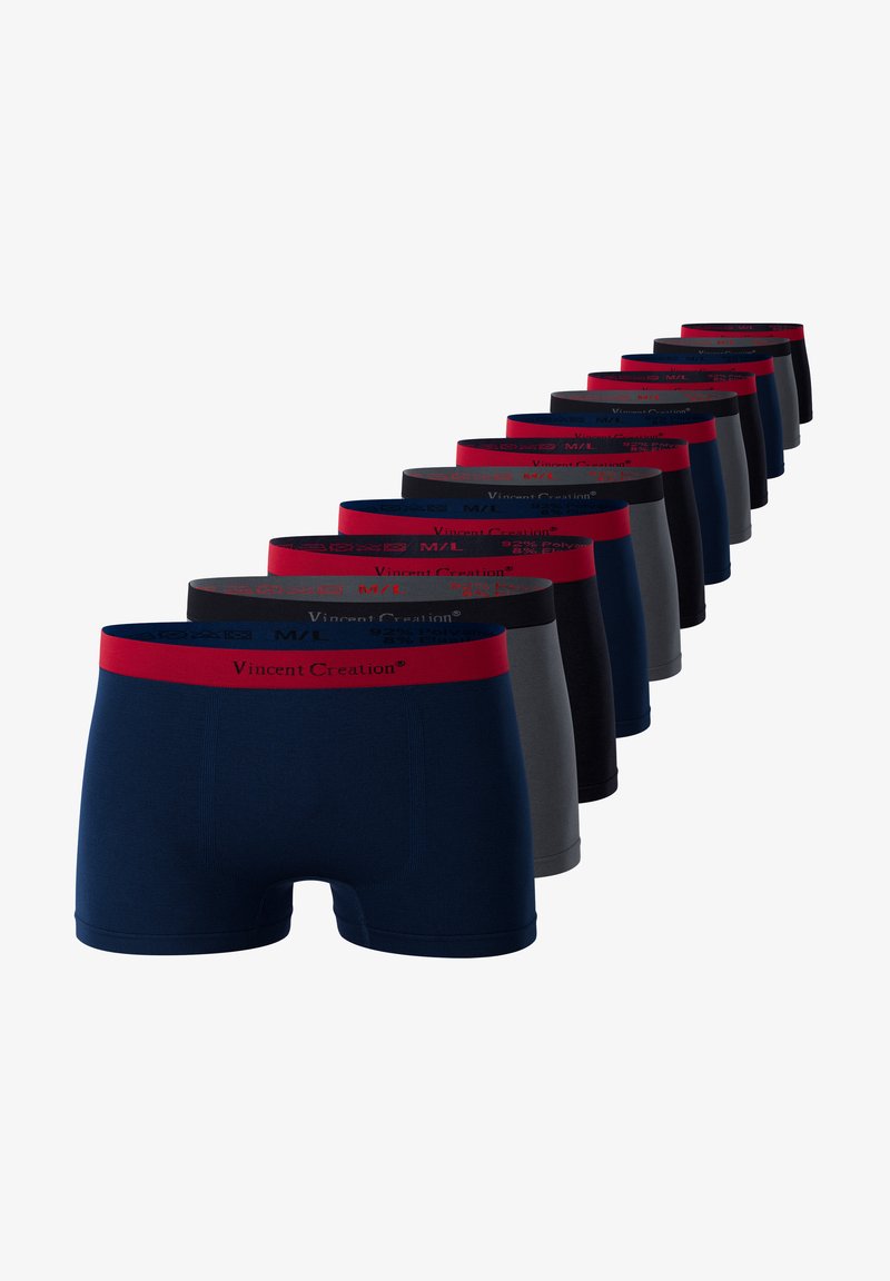 Boxer da uomo in vari colori, tra cui blu navy, grigio e nero. Ognuno presenta un elastico rosso con il marchio "Vincent Creation".
