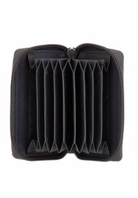 Black leather wallet with a zip closure, featuring multiple accordion-style compartments for organization and a smooth, matte texture.