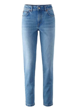 Hoch taillierte hellblaue Jeans aus Denim, mit einem klassischen Fünf-Taschen-Design, Knopfverschluss und geradem Bein.