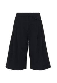 Černé culottes s vysokým pasem a sklady, s bočními kapsami a hladkým textilním povrchem. Jednoduchý kovový detail na pase.
