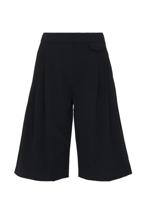 Culotte neri a vita alta con pieghe, dotati di tasche laterali e una morbida consistenza del tessuto. Dettaglio hardware semplice in vita.