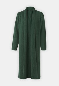 Lungo cardigan verde realizzato in tessuto a maglia a coste. Presenta un design aperto, maniche larghe e arriva sotto le ginocchia.
