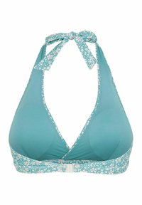 Teal halterneck bikiniöverdel med blommönstrad band. Har en knytning i nacken och spänne, tillverkad av ett mjukt och stretchigt material.