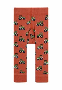 Narancssárga leggings, zöld, kék és fehér színű traktor mintával, puha tapintással és kényelmes, elasztikus derékrésszel.