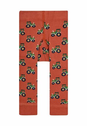 Narancssárga leggings, zöld, kék és fehér színű traktor mintával, puha tapintással és kényelmes, elasztikus derékrésszel.