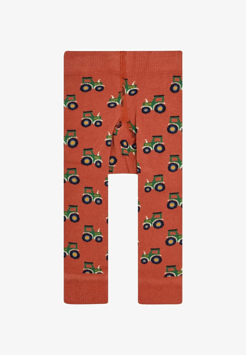 Orange leggings featuring a repeating tractor pattern in green, blue, and white, with a soft texture and elastic waist for comfort.