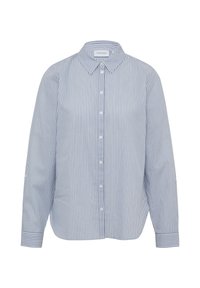 Gestreiftes Hemd mit blauen und weißen vertikalen Streifen, klassischem Kragen, langen Ärmeln und Knopfmanschetten, gefertigt aus leichtem Stoff.