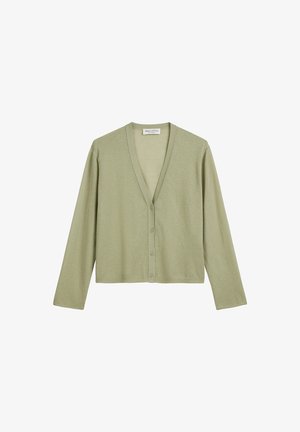 Light green, long-sleeve cardigan with a v-neck, button closure, and a soft texture, made from a lightweight fabric.