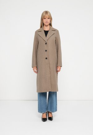 Beige wool coat with a notched collar, front buttons, side pockets, and a straight silhouette, paired with wide-leg jeans and black heels.