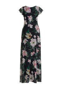 Robe maxi florale avec des manches courtes à volants, fond noir, grandes fleurs roses et blanches, tissu fluide et corsage ajusté.