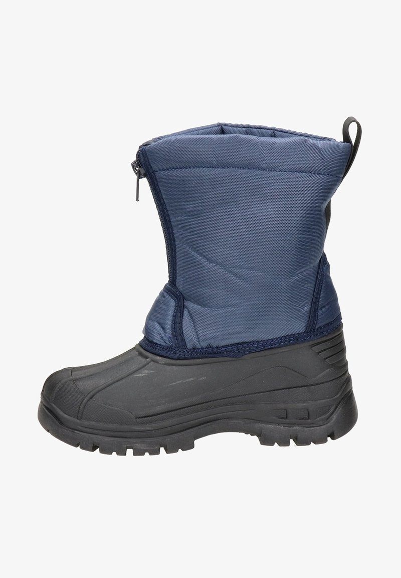 Botte d'hiver isolée bleu marine avec un dessus en nylon texturé, une semelle en caoutchouc et une fermeture éclair sur le côté pour un accès facile. Embout et talon renforcés.