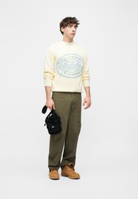 Jeune homme portant un pull crème avec un logo bleu, un pantalon cargo olive, des bottes marron clair, tenant un petit sac bandoulière noir sur fond blanc.