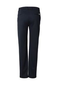 Pantalon bleu marine à coupe droite, en tissu texturé, avec deux poches arrière et une ceinture avec passants.