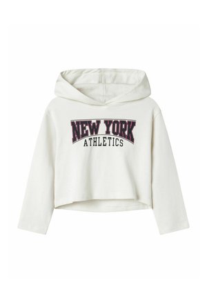 Weißer Cropped-Hoodie mit der Aufschrift "NEW YORK ATHLETICS" in schwarzer und kastanienbrauner Schrift über der Brust. Weicher Stoff und eine Kapuze mit Kordelzug.