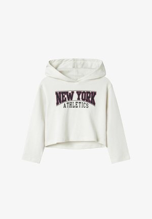 White cropped hoodie featuring "NEW YORK ATHLETICS" in black and maroon font across the chest. Soft fabric and a drawstring hood.