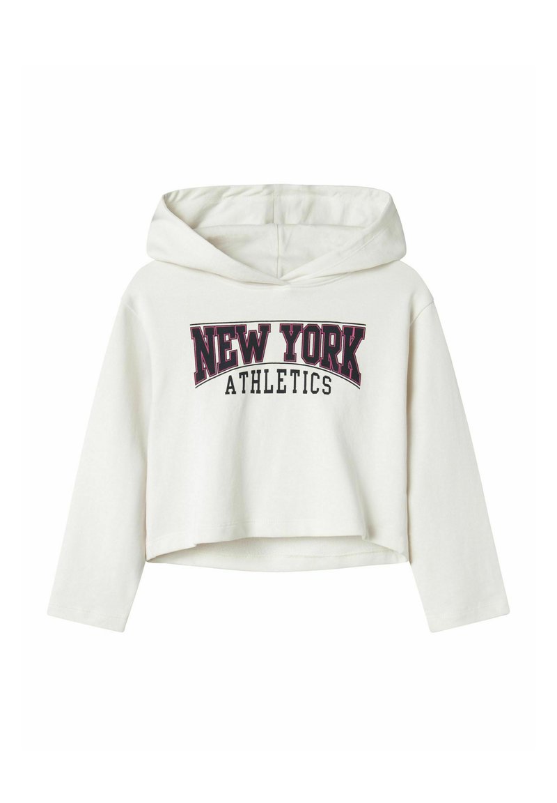 Hoodie corto bianco con la scritta "NEW YORK ATHLETICS" in font nero e bordeaux sul petto. Tessuto morbido e cappuccio con cordino.