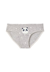 Graue Baumwollunterwäsche mit einem Panda-Gesichtsgrafik in der Mitte, verziert mit verstreuten pinken Punkten und weißen Sternen. Weicher Stoff und Spitzeneinfassung.