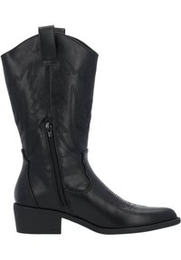 Botas de vaquero de cuero negro con punta afilada, cierre de cremallera en el lateral y costuras decorativas a lo largo del tubo. Diseño de tacón cuadrado.