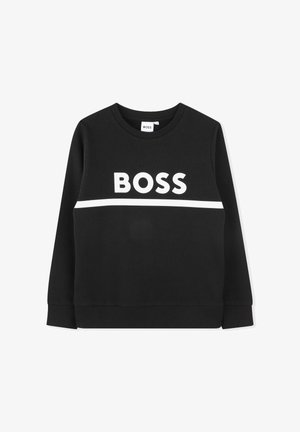 Sweat-shirt noir à manches longues avec col rond, texte blanc "BOSS" et bande horizontale à travers la poitrine, poignets et ourlet côtelés.