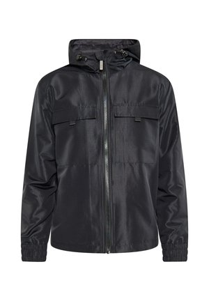 Jachetă neagră cu fermoar, realizată dintr-un material texturat, cu glugă, mâneci elastice și două buzunare frontale. Prezintă un tiv drept și un design elegant.