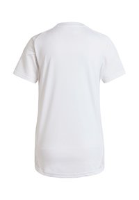 T-shirt bianco a maniche corte con scollatura rotonda, tessuto morbido e dettagli in mesh sulle spalle, con orlo dritto nella parte inferiore.