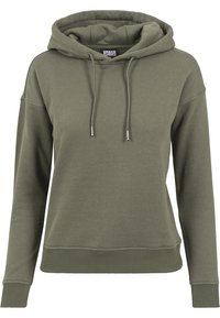 Olijfgroen katoenen hoodie met een voorzak in kangoeroestijl, trekkoorden voor de capuchon, ribgebreide manchetten en zoom, met een relaxte pasvorm.