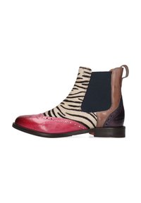 Chelsea-Stiefel mit einer pinken Lederzehe, Obermaterial im Zebramuster, braunen elastischen Seiten und einem schwarzen strukturierten Absatz. Mit Broguemuster verziert.