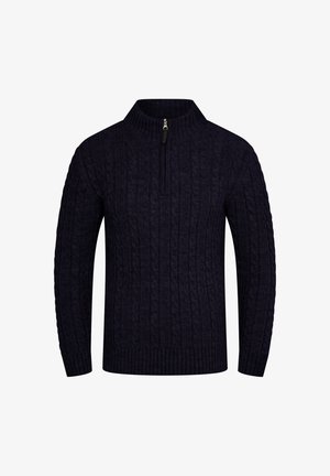 Navy Strickpullover mit einem halben Reißverschlusskragen, der ein strukturiertes Kabelmuster und gerippte Bündchen und Saum aufweist. Hergestellt aus einem weichen, warmen Material.