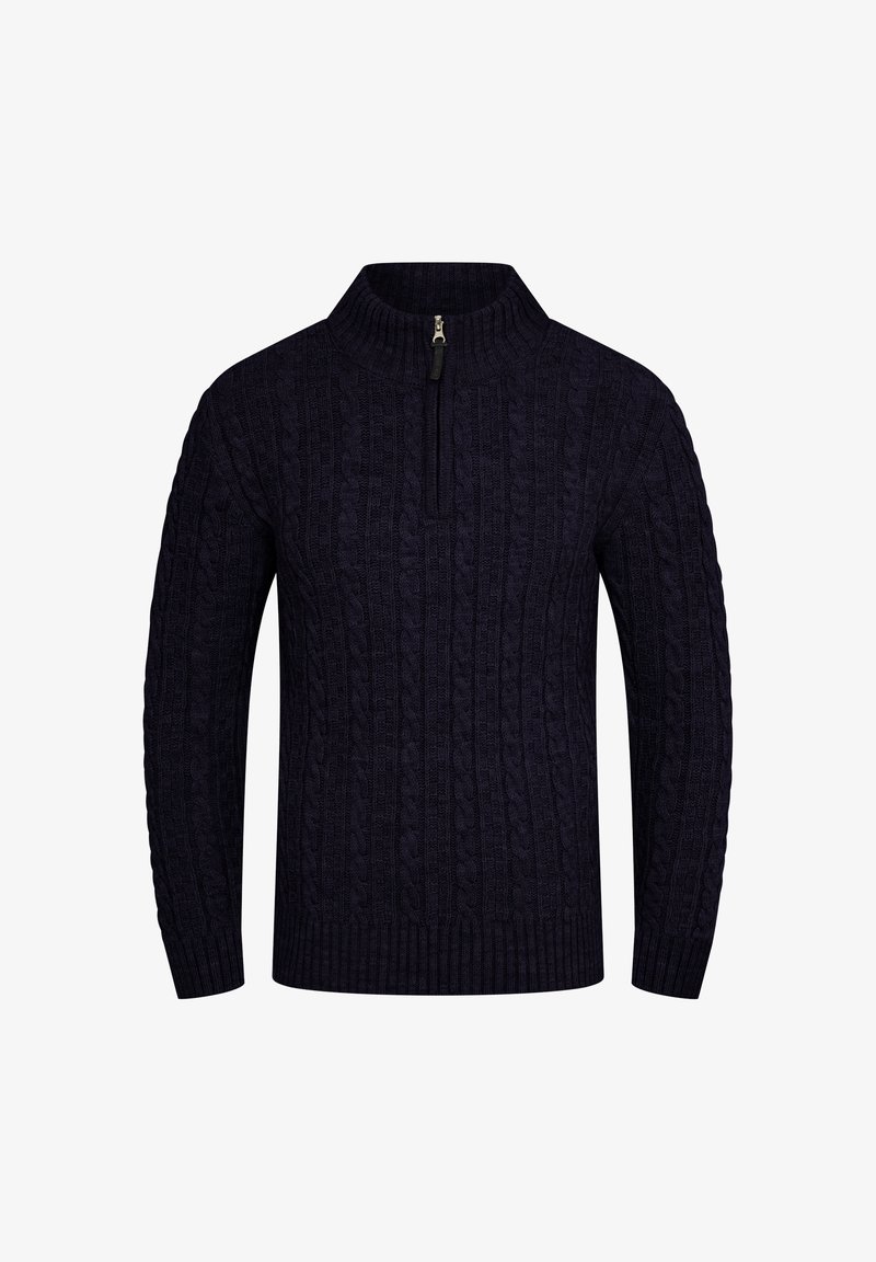 Navy knit sweater with a half-zip collar, featuring a textured cable pattern and ribbed cuffs and hem. Made from a soft, warm material.