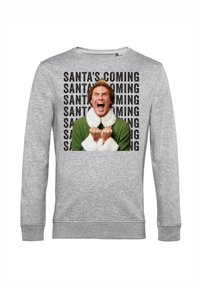 Szara bluza z kapturem z świątecznym wzorem, na którym znajduje się napis „SANTA'S COMING” w pogrubionym czarnym tekście oraz centralny obraz uśmiechniętej postaci.
