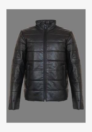 Schwarze gepolsterte Jacke aus Kunstleder. Mit Reißverschluss, hohem Kragen und zwei seitlichen Reißverschlusstaschen. Genähte Paneeldesign über die gesamte Jacke.