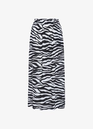 Black and white zebra print maxi skirt with an elastic waistband and flowing design, made of lightweight fabric. Features bold stripes and casual style.
