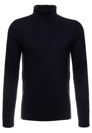 Navy turtleneck sweater made of soft knit material. Features long sleeves and a fitted silhouette, with ribbed detailing at the collar and hem.