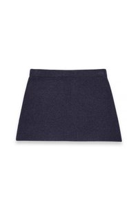 Dunkelgrauer Strick-Minirock mit elastischem Bund, flach auf weißem Hintergrund präsentiert.