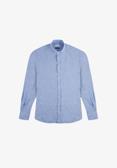 Camicia azzurro chiaro a maniche lunghe in lino, con colletto alla mandarino, chiusura con bottoni frontale e tessuto testurizzato con sottili motivi a intreccio.
